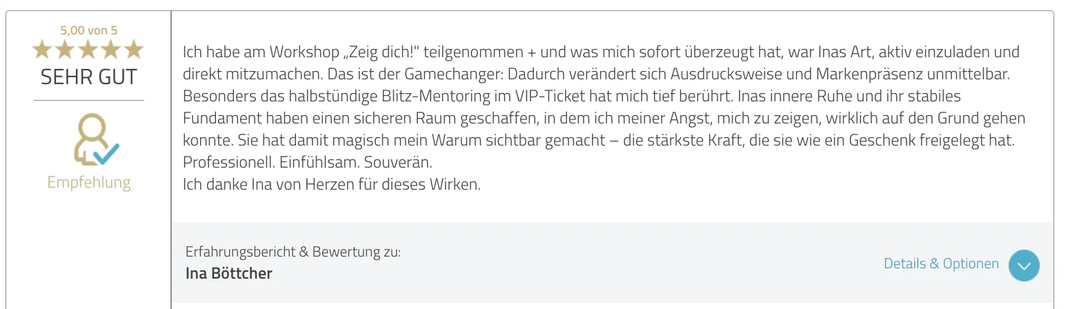 ProvenExpert-Bewertung zu Ina Böttcher – 5,00 von 5, Empfehlung